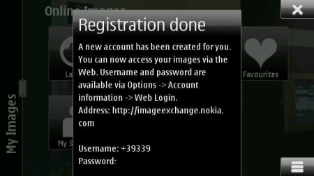 Nokia Image Exchange - registrazione completata