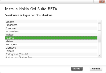 Nokia Ovi Suite 2.0 beta - selezione lingua